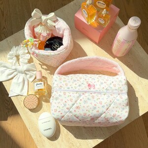 Vintage White Floral Pink Teddy Handbag | ayjaythelabel | Terrycloth Travel Pouch | Makeup Bag | Fuzzy | Floral | Cute Gift for Her