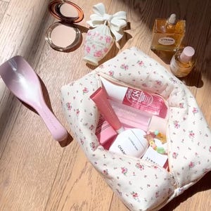 Vintage Beige Pink Knit Floral Make-Up Bag | Machine Washable | Cosmetics Bag Toiletry Pouch | ayjaythelabel | Cute Gift for Her