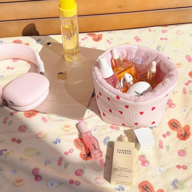 Pink Organizer Red Hearts Valentine Makeup Bag | Machine Washable | Cotton Terrycloth | handmade by @ayjaythelabel image 3