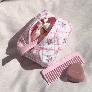Bows & Roses Pink Quilted Make-Up Bag | Machine Washable | Cosmetics Bag Toiletry Pouch | ayjaythelabel | Cute Gift for Her