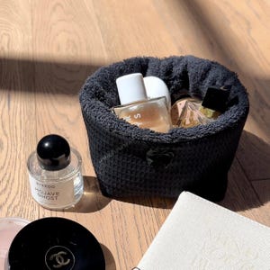 Black Waffle Knit Terrycloth Makeup Organizer | Machine Washable | Makeup Bag | Cotton | USA handmade @ayjaythelabel | Cute Gift for Her image 4