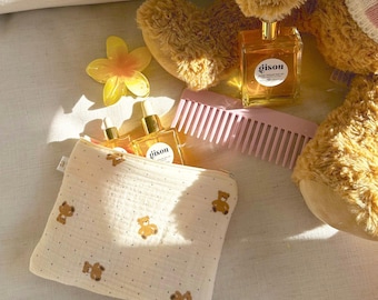 Platte portemonnee met beige stippen teddybeer klein | Machinewasbaar | Make-uptasje | Katoen | @ayjaythelabel