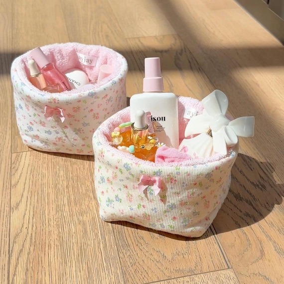 Yellow Floral Cotton Terrycloth Pink Organizer | Machine Washable | Makeup Bag | USA handmade by @ayjaythelabel | Cute Gift for Her