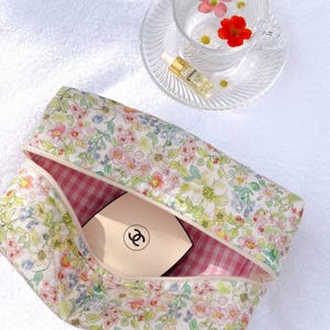 Vintage Green Floral Quilted Pink Make-Up Bag | Machine Washable | Cosmetics Bag Toiletry Pouch | ayjaythelabel | Cute Gift for Her