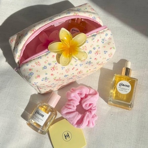Vintage Yellow Floral Pink Knit Make-Up Bag | Machine Washable | Cosmetics Bag Toiletry Pouch | ayjaythelabel | Cute Gift for Her