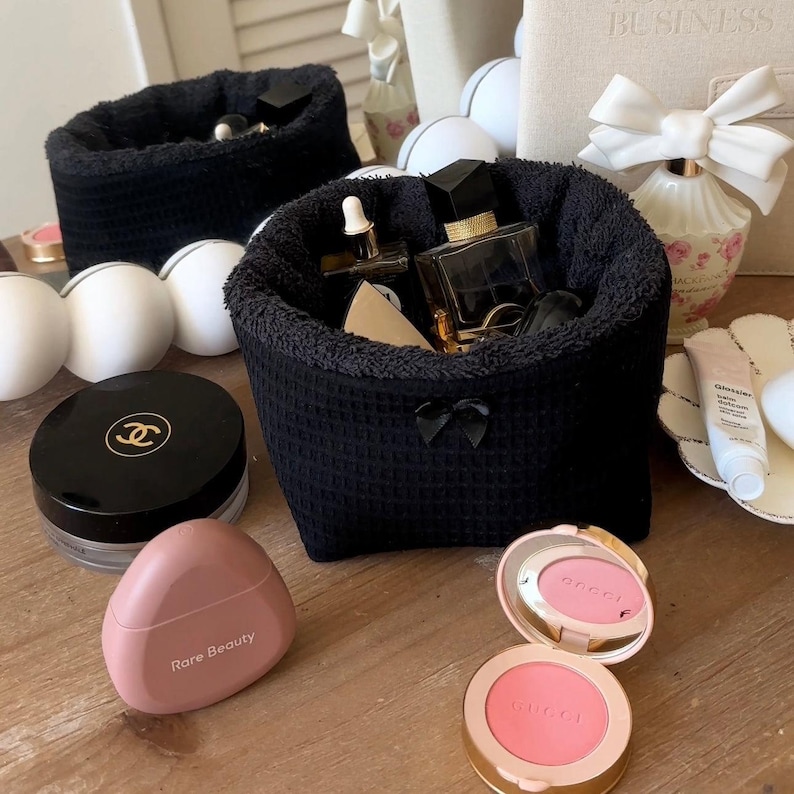 Black Waffle Knit Terrycloth Makeup Organizer | Machine Washable | Makeup Bag | Cotton | USA handmade @ayjaythelabel | Cute Gift for Her image 2