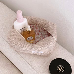 Beige Teddy Pink Floral Quilted Make-Up Bag | Machine Washable | Cosmetics Bag Toiletry Pouch | ayjaythelabel | Cute Gift for Her