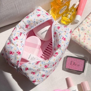 White Floral Bow Pink Quilted Make-Up Bag | Machine Washable | Cosmetics Bag Toiletry Pouch | ayjaythelabel | Cute Gift for Her