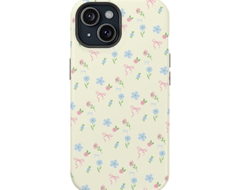 Butter Yellow Cottage Floral Ditsy Flowers Blue Bow Magsafe Phone Case | Glossy | @ayjaythelabel | Cute Gift for Her