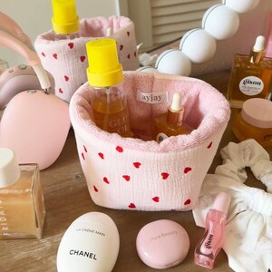 Pink Organizer Red Hearts Valentine Makeup Bag | Machine Washable | Cotton Terrycloth | handmade by @ayjaythelabel image 2