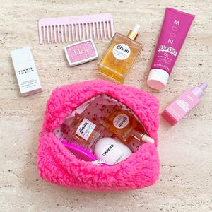 Neon Pink Soft Fuzzy Teddy Floral Bow Make-Up Bag | Machine Washable | Cosmetics Bag Toiletry Pouch | ayjaythelabel | Cute Gift for Her
