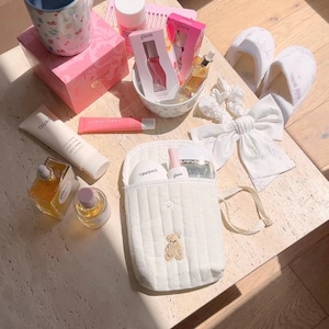 Teddy Bear Snap Pouch Beige Flat Purse Stripes | Machine Washable | Makeup Bag | Cotton | AYJAY Exclusive | ayjaythelabel