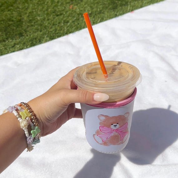 Teddy Bear Pink Bow Iced Coffee Sleeve Cup Coozie | Starbucks & Dunkin Holder | @ayjaythelabel | Cute Gift for Her