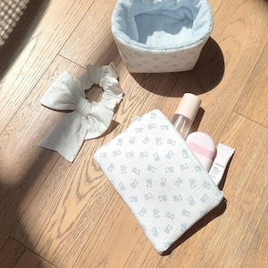 White Baby Blue Teddy Bear Flat Purse Pouch | Machine Washable | Makeup Bag | Cotton | AYJAY Exclusive | ayjaythelabel | Cute Gift for Her