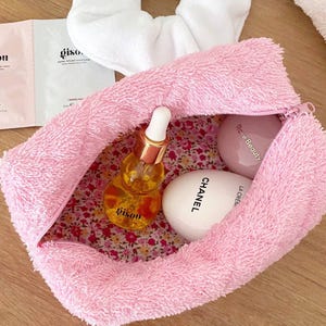 Pink Teddy Floral Quilted Terrycloth Make-Up Bag | Machine Washable | Cosmetics Bag Toiletry Pouch | ayjaythelabel | Cute Gift for Her