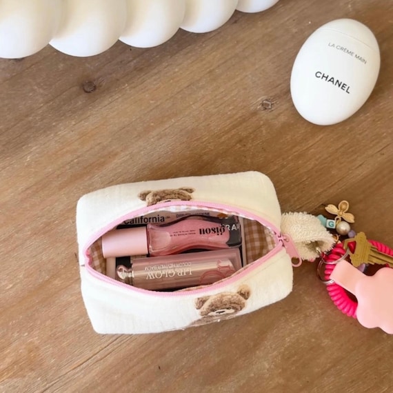 Mini llavero tipo cartera con forma de osito de peluche, lavable a máquina,  bolsa de maquillaje, algodón, exclusiva de AYJAY, ayjaythelabel, bonito