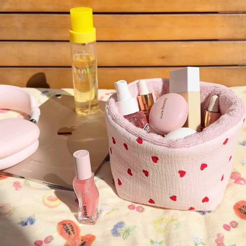 Pink Organizer Red Hearts Valentine Makeup Bag | Machine Washable | Cotton Terrycloth | handmade by @ayjaythelabel image 1