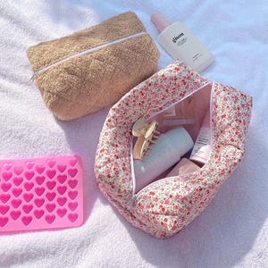 Red Minimalist Floral Quilted Pink Make-Up Bag | Machine Washable | Cosmetics Bag Toiletry Pouch | ayjaythelabel | Cute Gift for Her
