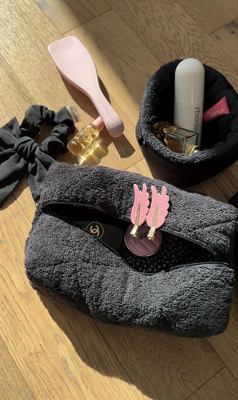 Black Waffle Knit Terrycloth Makeup Organizer | Machine Washable | Makeup Bag | Cotton | USA handmade @ayjaythelabel | Cute Gift for Her image 6