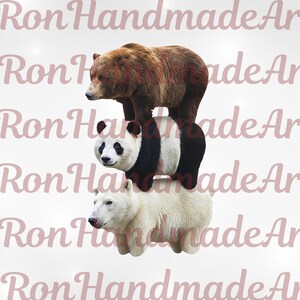 May include: A brown bear, a panda bear, and a polar bear stacked on top of each other. The bears are set against a white background with the text "Ron Handmade Ar" in a pink cursive font.