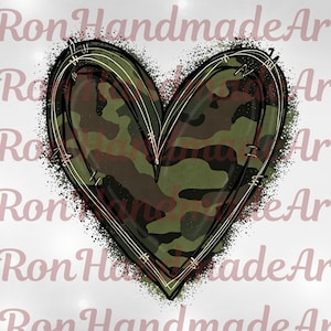 May include: A heart-shaped design with a camouflage pattern in shades of green, brown, and black. The heart is outlined with a white border and black stitching details. A speckled black and white border surrounds the heart. The text "Ron Handmade Art" is in the background.