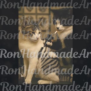 May include: A humorous image of two cats. One cat is tattooing the other cat's striped leg with a tattoo gun. The other cat is smoking a cigarette. The background is a blurred room with a glass block wall.