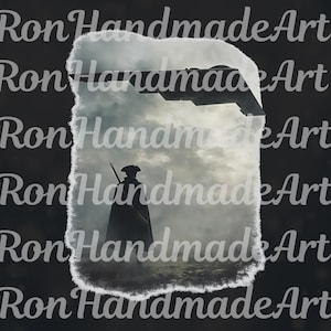 Könnte beinhalten: Ein digitaler Kunstdruck mit einer Silhouette einer Person in einem langen Mantel und Hut, die ein Gewehr hält, vor einem bewölkten Himmel mit einem Stealth-Bomber. Der Text "Ron Handmade Art" wiederholt sich im Hintergrund.