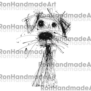 May include: A black and white sketch of a dog's face. The dog has large, round eyes and a prominent nose. The artwork is created with a scribbled style, giving it a whimsical and artistic feel. The text "RonHandmadeArt" is repeated across the image.