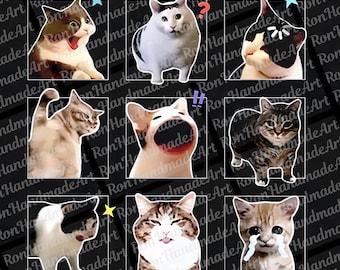 May include: Nine cat meme stickers with various expressions, including surprise, confusion, and tears. Each cat is outlined in white against a black background, with text in the background. The stickers feature different cat breeds and colors, with speech bubbles and stars.