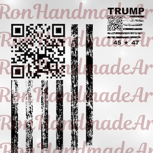 May include: A distressed American flag design with black and white stripes and a QR code. The word "TRUMP" is above a small flag graphic with a QR code. The numbers "45 * 47" are below the flag.