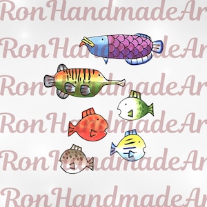 May include: A collection of six watercolour fish illustrations in various shapes and colours. The fish feature shades of purple, blue, orange, yellow, green, and brown. The background has the text "Ron Handmade Art" repeated across it.