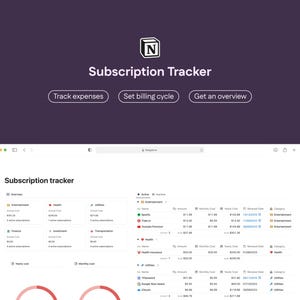 May include: A digital interface showing a subscription tracker. The screen displays a detailed breakdown of expenses, including categories like entertainment, health, and utilities. The interface includes the text "Subscription Tracker" and options to track expenses, set billing cycles, and get an overview.