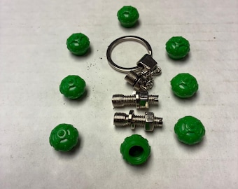 8 Red Crown Valve Stem Caps, John Deere Green, Keychain & License Plate Screws