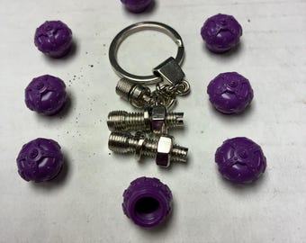 8 Red Crown Valve Stem Caps Color Purple, Key Chain, 2 License Plate Screws