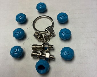 8 Red Crown Valve Stem Caps Color Blue, Key Chain & 2 License Plate Screws