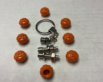 8 Red Crown Valve Stem Caps Color Orange, Key Chain, 2 License Plate Screws