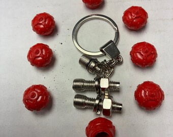 8 Red Crown Valve Stem Caps Color Red, Key Chain & 2 License Plate Screws