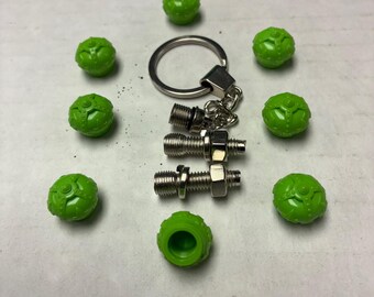 8 Red Crown Valve Stem Caps Color Lime Green, Key Chain & 2 License Screws