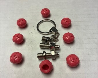 8 Red Crown Valve Stem Caps Color Pink, Key Chain & 2 License Plate Screws