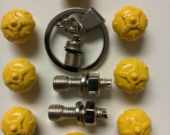 8 Red Crown Gas Station Valve Stem Caps, Keychain & License Plate Screws