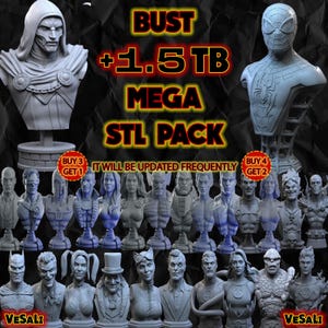 May include: A collection of 3D-printed busts of various comic book and movie characters. The image includes busts of Doctor Doom and Spider-Man, along with many other characters. The text reads "BUST +1.5 TB MEGA STL PACK".
