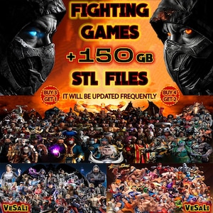 Puede incluir: Imagen promocional de juegos de lucha con dos personajes enmascarados con ojos brillantes. El texto dice "FIGHTING GAMES +150 GB STL FILES." La imagen también incluye un collage de varios personajes de juegos y el texto "IT WILL BE UPDATED FREQUENTLY."