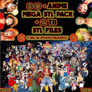 May include: Promotional image for an anime STL pack. The text reads "80+ ANIME MEGA STL PACK + 2 TB STL FILES." Additional text includes "BUY 3 GET 1" and "BUY 4 GET 2." The image features a collection of anime characters against a starry background.