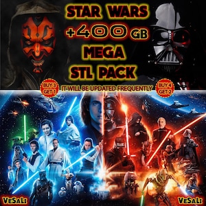 Könnte beinhalten: Werbegrafik für ein Star Wars Mega STL Pack mit Darth Maul und Darth Vader. Der Text enthält "+400 GB" und Angebote. Das Bild zeigt verschiedene Charaktere aus dem Star Wars-Franchise, mit Weltraum-Thema.