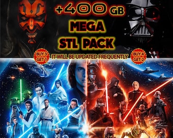 May include: A promotional graphic for a Star Wars Mega STL Pack, featuring Darth Maul and Darth Vader. The text includes "+400 GB" and "Buy 3 Get 1" and "Buy 4 Get 2" offers. The image showcases various characters from the Star Wars franchise.