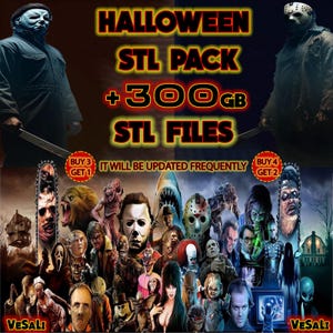 Peut inclure: Un pack STL numérique d'Halloween avec plus de 300 Go de fichiers STL. L'image présente des personnages de films d'horreur et le texte "Halloween STL Pack +300GB STL Files".