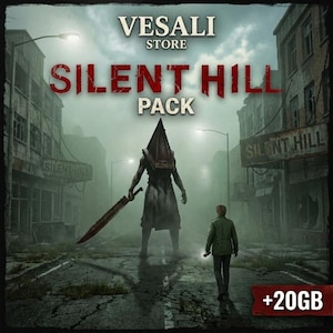 May include: A promotional image for the "Silent Hill Pack" from Vesali Store. The image features a menacing figure with a pyramid-shaped head and a large sword, standing in a desolate street. A person with a flashlight walks away. The text "Silent Hill Pack" is prominently displayed.