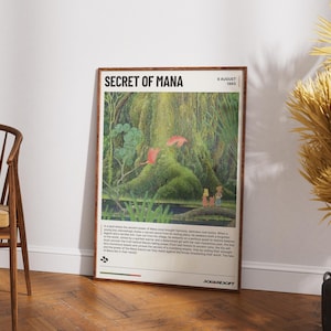 Descarga digital de Secret of Mana: lámina retro de SNES, arte mural JRPG vintage de los 90, póster de fantasía de Square Enix, decoración de videojuegos, regalo para gamers