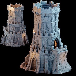 May include: A gray stone tower with a door and windows. The tower is weathered and has a rough texture. It is a miniature model for tabletop gaming.