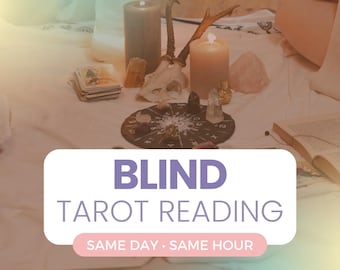 May include: A white table with a tarot deck, candles, crystals, and a wooden circle with numbers and symbols. The text on the image reads "Blind Tarot Reading Same Day Same Hour".